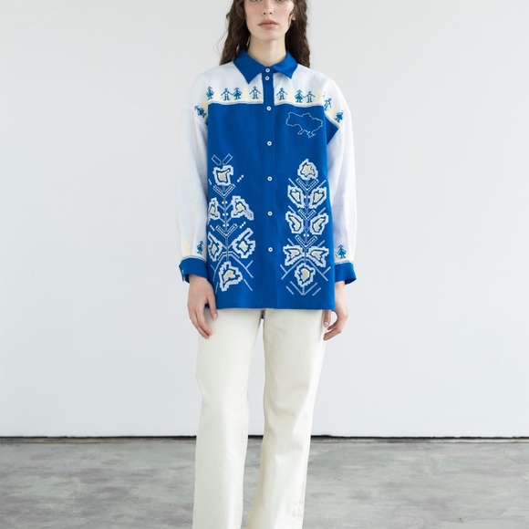 Ukrainian Blue and White Embroidered Unisex Oversized Linen Shirt Vyshyvanka L - Picture 9 of 12